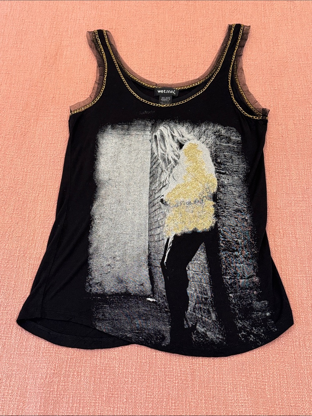 Tank top Black Graphic with Gold chain Detail and mesh trim